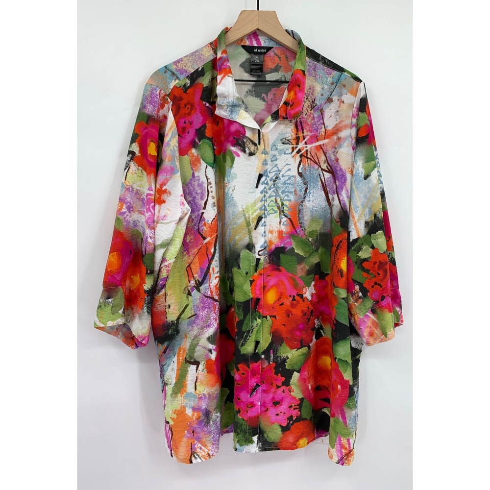 Ali Miles Shirt Womens 2X Pink Green Floral Wire Collar Button Up Art To Wear